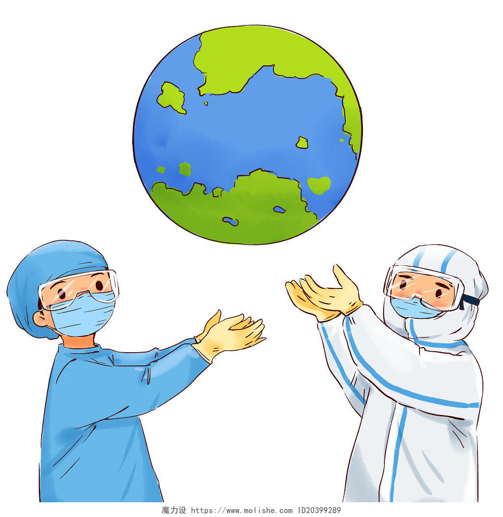 原创手绘卡通医护人员守护地球全球战疫抗击疫情插画素材